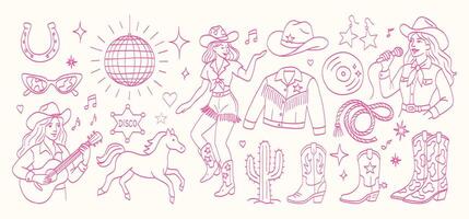 A woman is playing a guitar and a horse is standing next to her. There are other people and objects in the background, such as a microphone and a cowboy hat vector