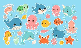 A collection of cute cartoon sea creatures including a whale, octopus, and crab. The image has a playful and whimsical mood, with the animals all smiling and looking happy vector