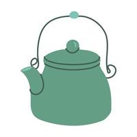 A green tea kettle with a handle and a lid. The handle is made of metal and the lid is made of metal as well vector