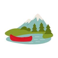 WebA red canoe is floating on a river in front of a mountain. The scene is peaceful and serene, with the water and trees creating a calming atmosphere vector