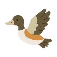 A cartoon duck with a beak is flying in the air. The duck is orange and white vector