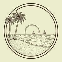 Line art illustration of a tropical beach with palm trees, a setting sun over the ocean, and two sailboats. A minimalist and clean design perfect for vacation, summer, or coastal themes. vector