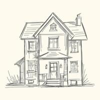 Hand-drawn sketch of a two-story house with a porch, featuring a pitched roof, chimney, and multiple windows, ideal for architectural or home design illustrations. vector