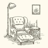 A hand-drawn sketch of Cozy Living Room Sketch with Armchair, Lamp, and Ottoman vector