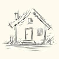 Hand-drawn sketch of a simple house with a pitched roof, chimney, and windows, surrounded by grass, capturing a minimalist and cozy home design. vector
