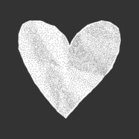 Geometric notebook paper heart with jagged torn edges and wrinkled texture on dark background. White sticker cutout with gritty halftone surface for collage. vector