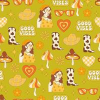 Groovy hippie seamless pattern green vector