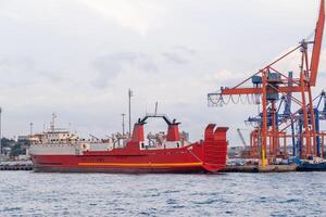 Bosphorus harbor with cargo ship at dock under cloudy skies and industrial cranes in the background photo