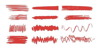 Red Brush Stroke And Scribble Set. Artistic Expression And Design Elements Collection. Isolated Illustration vector