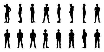 Silhouetted Male Figures In Various Standing Poses Icon Set. Body Language And Posture Reference Solid Symbol Collection. Ideal For Design. Isolated Illustration vector
