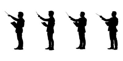 Silhouette Of Standing Men With Pointers Icon Set. Instruction And Presentation Theme Solid Symbol Collection. Educational And Professional Use. Isolated Illustration vector