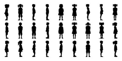 Children In Side View Silhouette Icon Set. Growth And Development Observation Symbol Collection. Educational And Parenting Visuals. Isolated Illustration vector