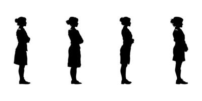 Silhouetted Women In Side View Solid Icon Set. Professional Posture And Uniform Representation Symbol Collection. Career And Occupation Visuals For Design And Education. Isolated Illustration vector