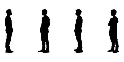 Silhouetted Male Figures In Side View Icon Set. Standing And Contemplative Poses Symbol Collection. Body Language And Posture Reference For Design And Animation. Isolated Illustration vector