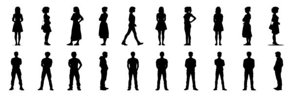 Silhouette Icon Set Of Standing Men And Women. Diverse Posture And Pose Solid Symbol Collection. Ui Ux Design, Infographics, And Animation Reference. Isolated Illustration vector