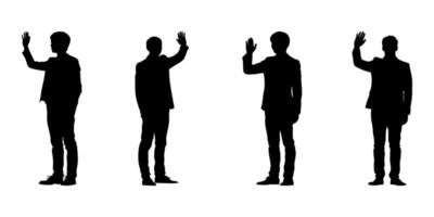 Silhouetted Men Waving In Solid Icon Set. Greeting And Communication Gesture Symbol Collection. Business And Social Interaction Visuals. Isolated Illustration vector