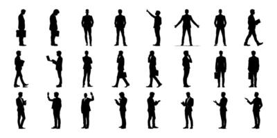 Business Professionals In Various Poses Silhouette Icon Set. Corporate Communication And Activity Symbol Collection. Ideal For Business Presentations And Ui Design. Isolated Illustration vector