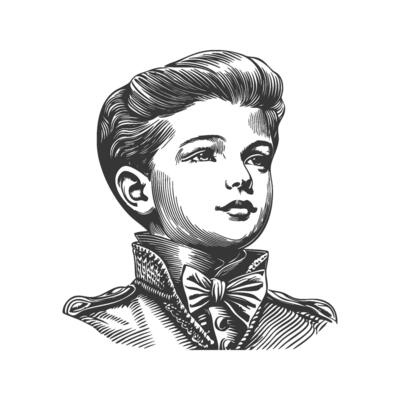 Young Boy In Vintage Attire Black And White Silhouette Illustration. Nostalgic Portrait Of A Child In Historical Clothing. Isolated Illustration