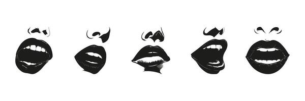 Mouth Expressions In Silhouette Set. Facial Emotion And Communication Symbol Collection. Artistic And Design Use. Isolated Illustration vector