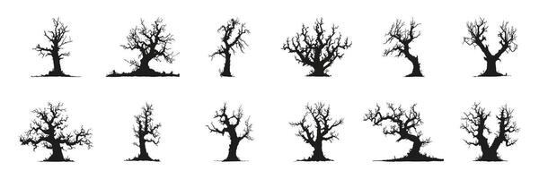 Bare Tree Silhouettes In Icon Set. Seasonal Change And Natural Growth Symbol Collection. Environmental And Botanical Use. Isolated Illustration vector