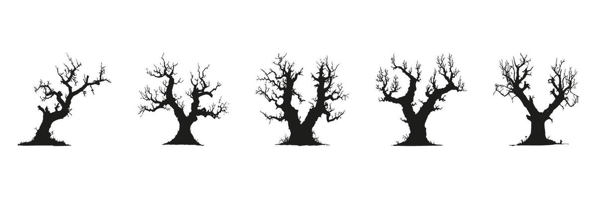 Bare Tree Silhouettes In Icon Set. Seasonal Change And Nature Symbol Collection. Environmental And Botanical Use. Isolated Illustration