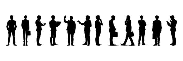 Business Professionals In Various Poses Silhouette Icon Set. Corporate Communication And Interaction Symbol Collection. Business And Office Use vector