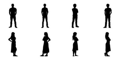 Silhouetted Men And Women Standing In Solid Icon Set. Body Language And Posture Reference Symbol Collection. Design And Animation Use. Isolated Illustration vector