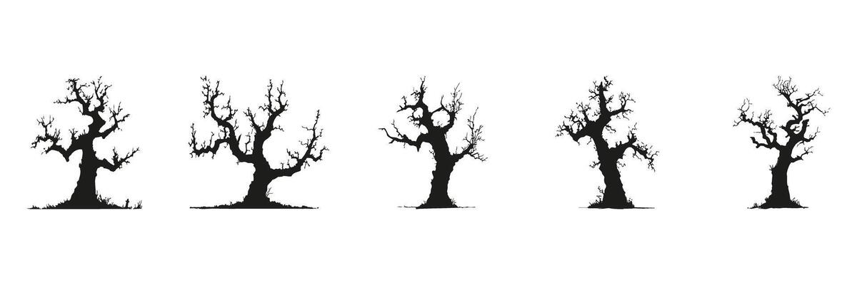 Bare Tree Silhouettes In Icon Set. Seasonal Change And Natural Environment Symbol Collection. Botanical And Ecological Use. Isolated Illustration