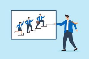 Flat illustration of business leader drawing staircase on whiteboard to visualize startup team progress and business growth strategy vector