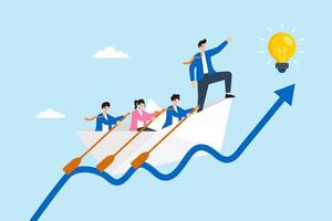 Flat illustration of business leader navigating paper boat with team on rising graph wave toward innovation and startup success vector