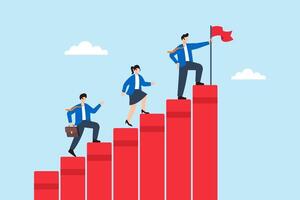 Flat illustration of business leader planting flag on top of red progress bars while team climbs steps of startup achievement vector
