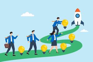 Flat illustration of business leader placing lightbulbs on innovation trail with team walking toward startup rocket vector
