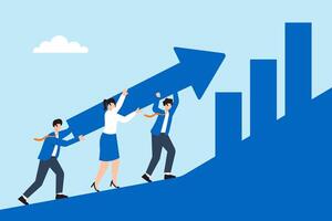 Flat illustration of business marketing team pushing large arrow icon up steep ranking chart hill for growth and performance success vector