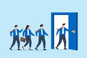 Flat illustration of business leader opening door of opportunity while team follows for collaborative success vector