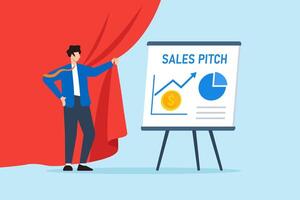 Flat illustration of confident businessman unveiling red curtain to reveal sales pitch presentation on whiteboard with charts and coin icon vector