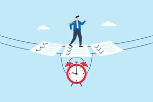 Flat illustration of businessman walking on checklist bridge suspended by alarm clock for concept of time management and task planning vector