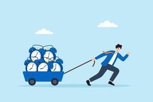 Flat illustration of frustrated businessman pulling heavy cart full of alarm clocks to represent deadline pressure and time burden vector
