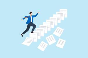 Flat illustration of frustrated businessman climbing collapsing staircase made of documents symbolizing urgency and deadline overload vector