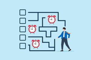 Flat illustration of businessman walking through task maze with alarm clock deadlines as checkpoints for time management vector