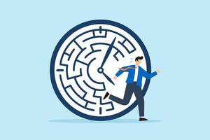 Flat illustration of frustrated businessman running from maze shaped clock to represent deadline pressure and time management stress vector