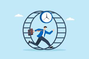 Flat illustration of overwhelmed businessman running inside hamster wheel with clock under pressure of endless work deadline vector