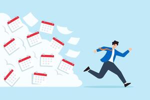 Flat illustration of frustrated businessman running from avalanche of calendar pages symbolizing deadline stress and time pressure vector