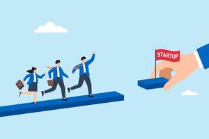 Flat illustration of business leader hand connecting bridge for employees to reach startup destination with teamwork and momentum vector