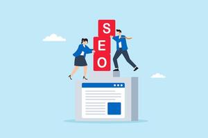 Flat illustration of business marketing team stacking SEO blocks to elevate website visibility on search engine ranking podium vector