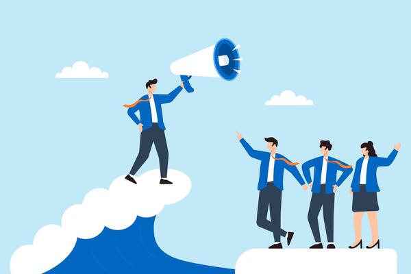 Flat illustration of business leader lifting megaphone above clouds giving startup direction to team