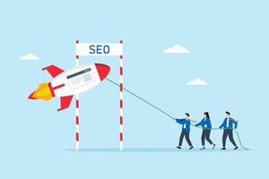 Flat illustration of business marketing team guiding website rocket through SEO checkpoint gate in ranking mission vector