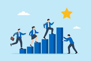 Flat illustration of business leader building bar chart staircase for team to reach startup success goal vector