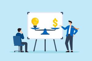 Flat illustration of confident businessman balancing lightbulb and dollar symbol on scale during sales pitch to client vector
