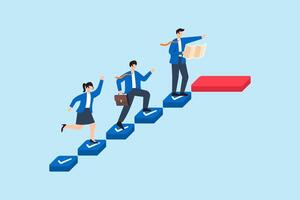 Flat illustration of business leader guiding team across floating checklist tiles on productivity roadmap to startup goal vector