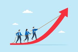 Flat illustration of business leader pulling rope on rising arrow graph with team climbing innovation curve toward business growth vector